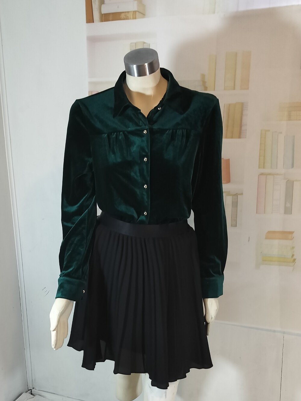 Velvet Green Button-Front Blouse with Black Pleated Skirt